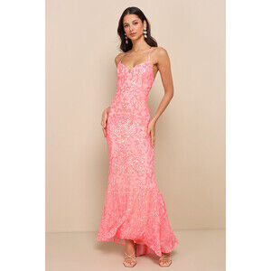Lulus Limitless Glamour Coral Pink Sequin Lace-up Maxi Dress - Size XL
